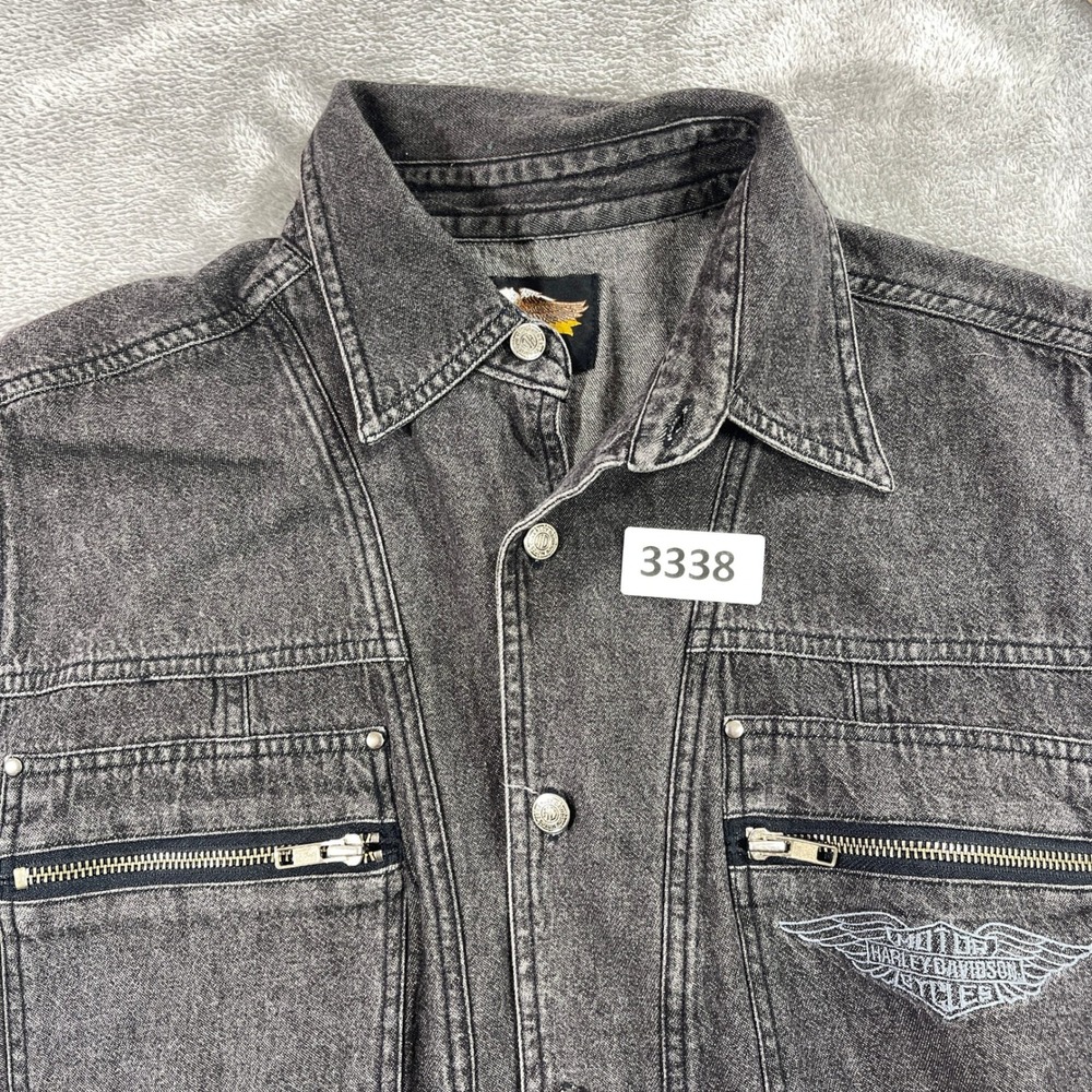 Harley Davidson Denim Vest Mens L Gray Acid Wash Sleeveless Biker Button Down